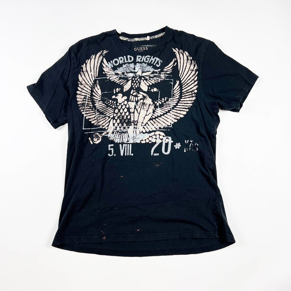 Guess mens world rights eagle graphic black tshirt distressed Size Large